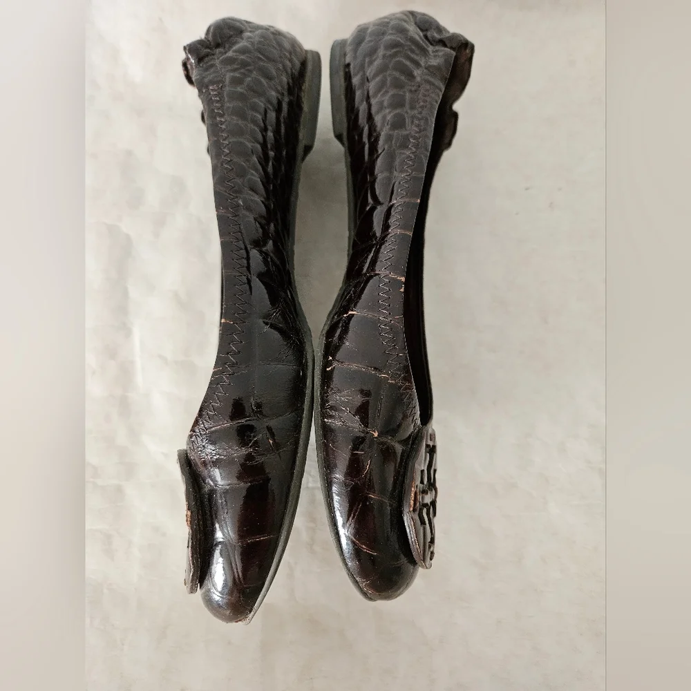 Tory Burch Brown Patent Leather Embossed Ballet Flats